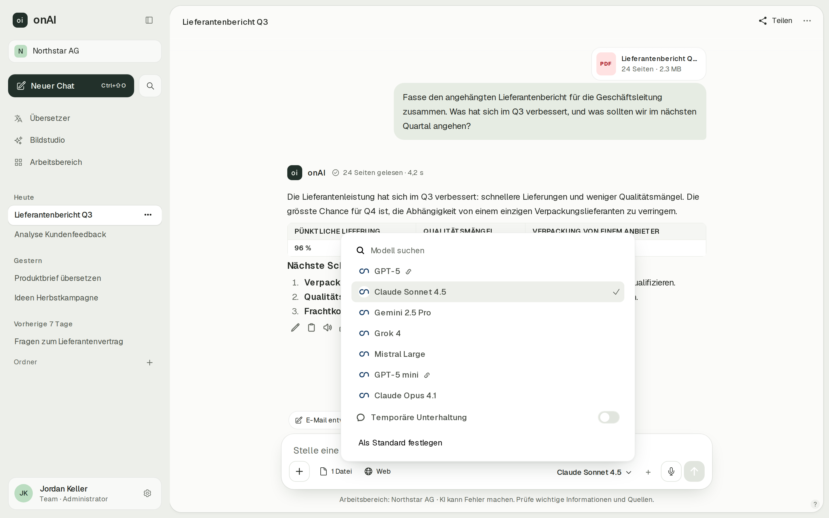 Geöffnete Modellauswahl im onAI-Chat