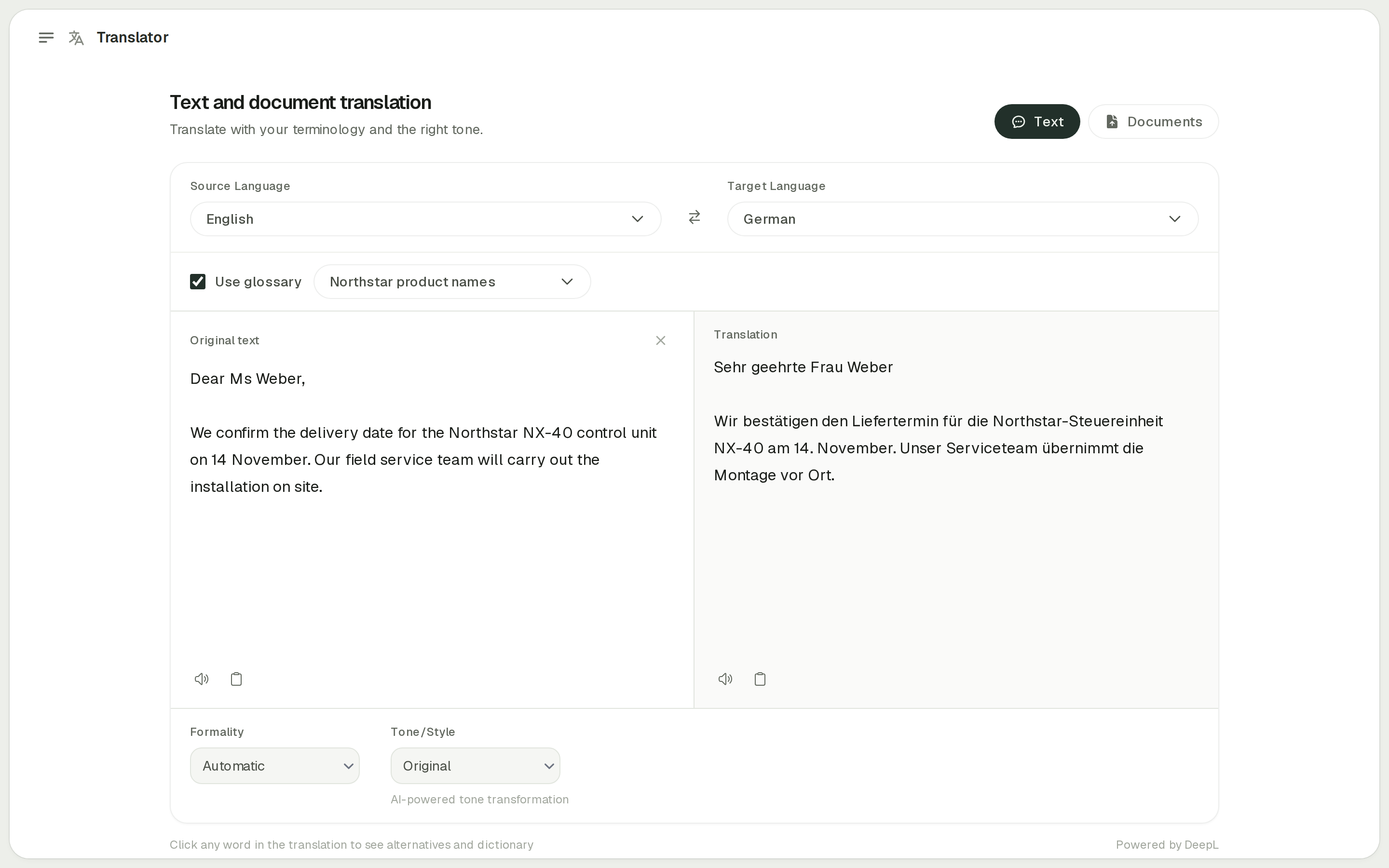 onAI DeepL text translator with glossary selection