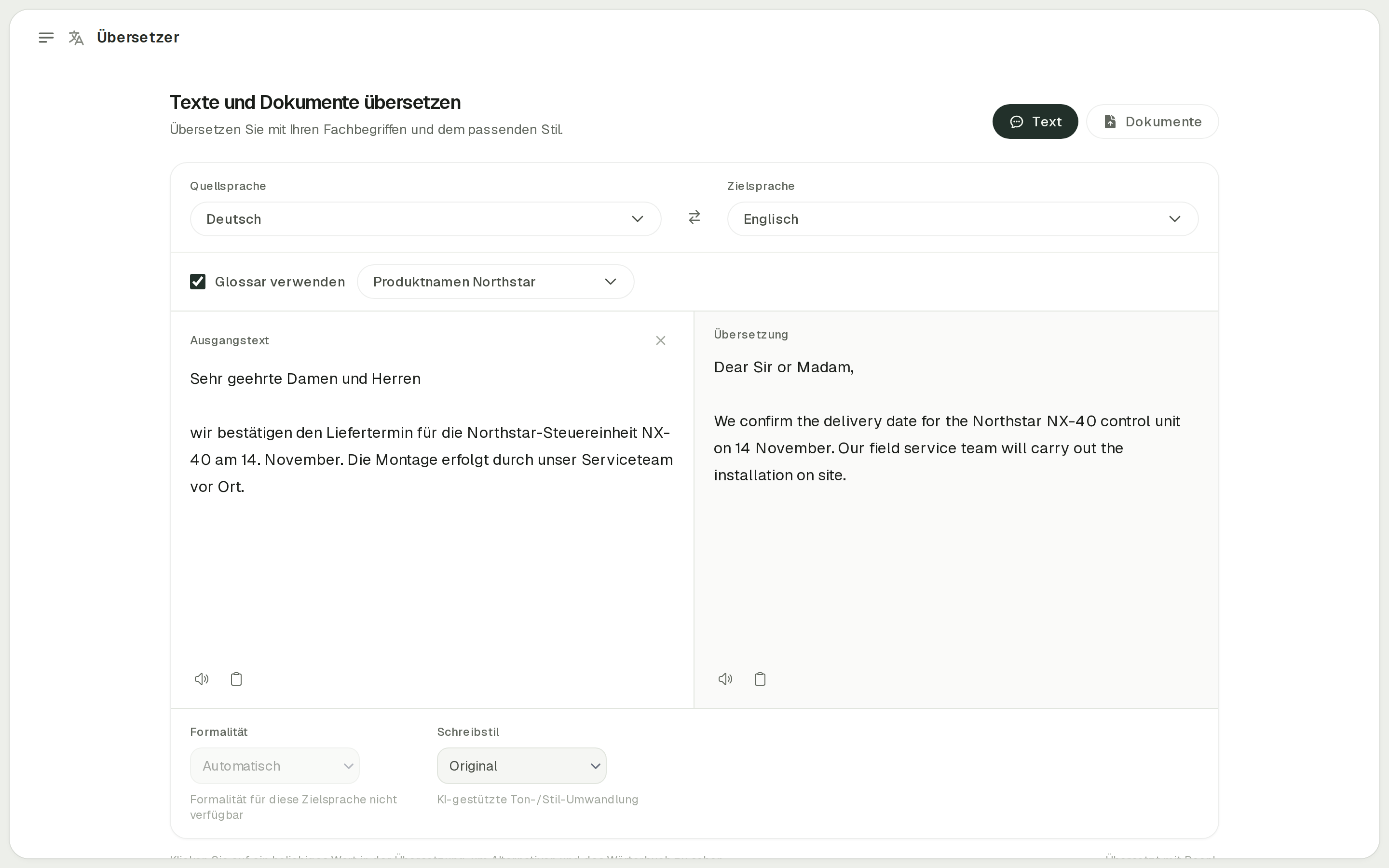 DeepL-Textübersetzer in onAI mit Glossarauswahl