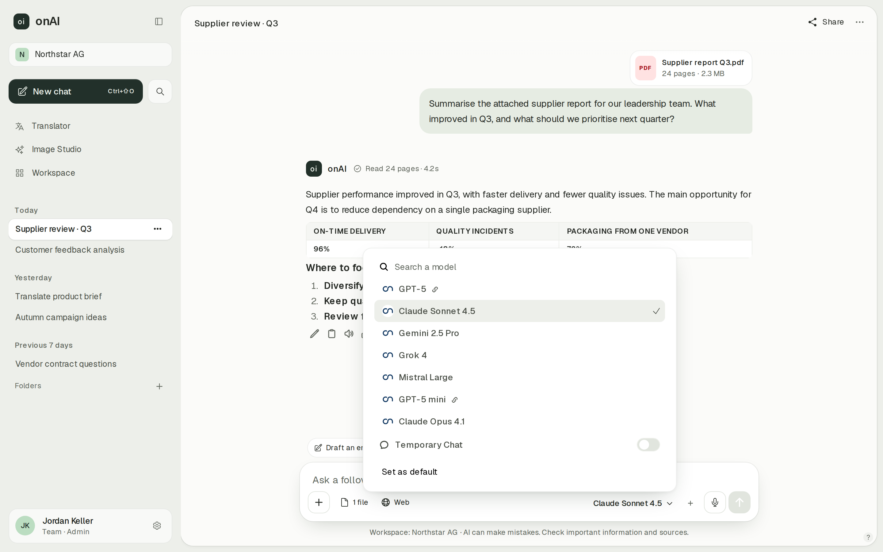 Chat model selection in onAI